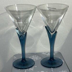 Set of 2 Vintage Blue Tulip Etched Courvoisier Cognac Martini Glasses 8”